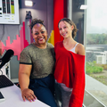 Carol Ofori standing inside the East Coast Radio studio with Cadee van Aswegan