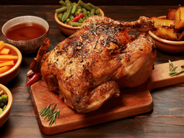 Roast chicken on a wooden table