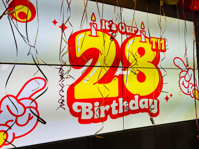 The screen inside the East Coast Radio Studio sharing our birthday message